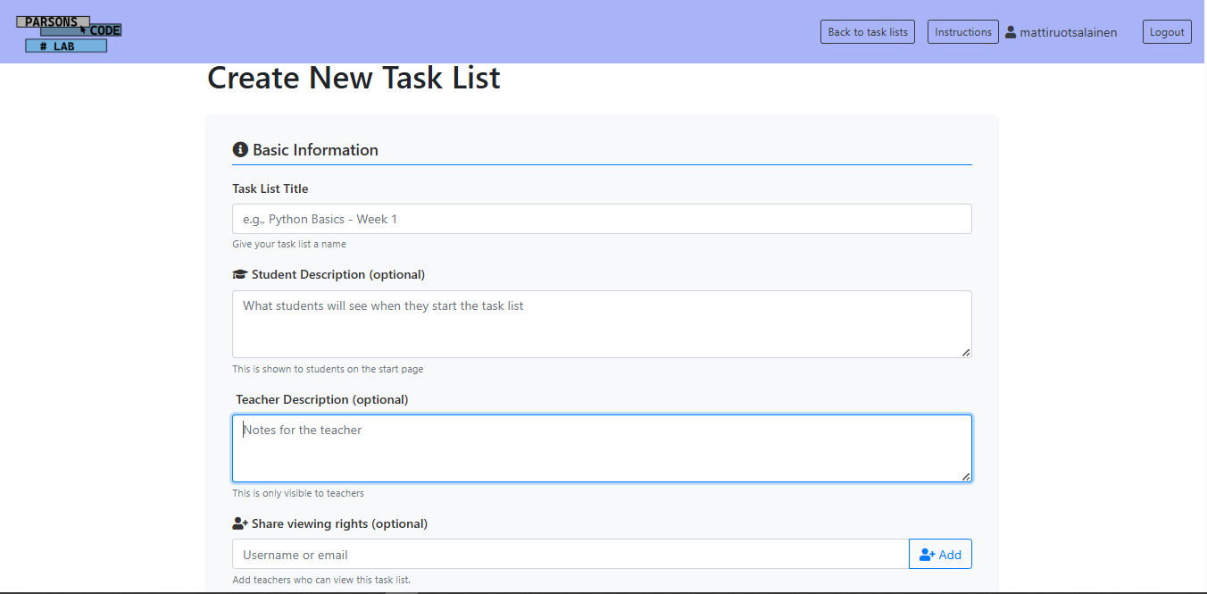 Create New Task List form part 1