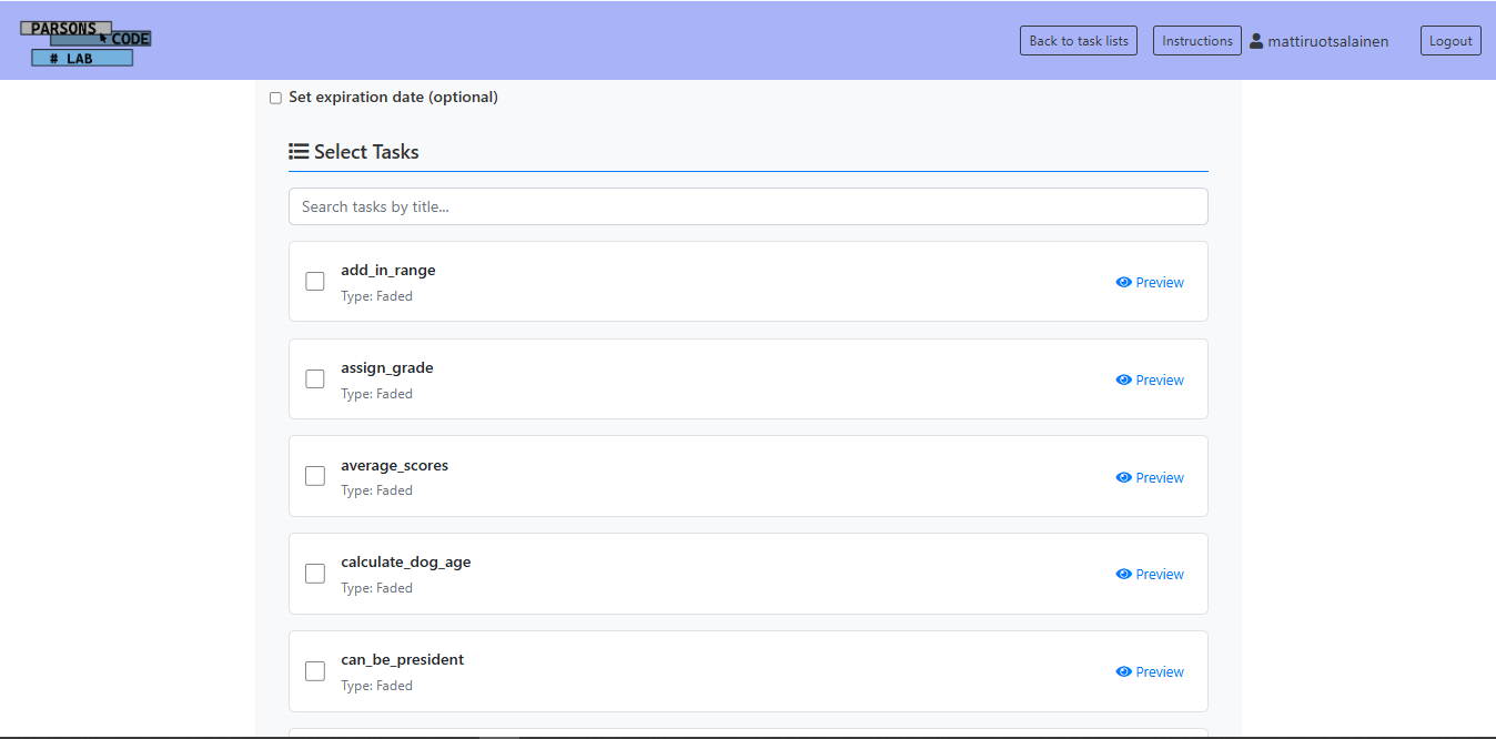 Create New Task List form part 2