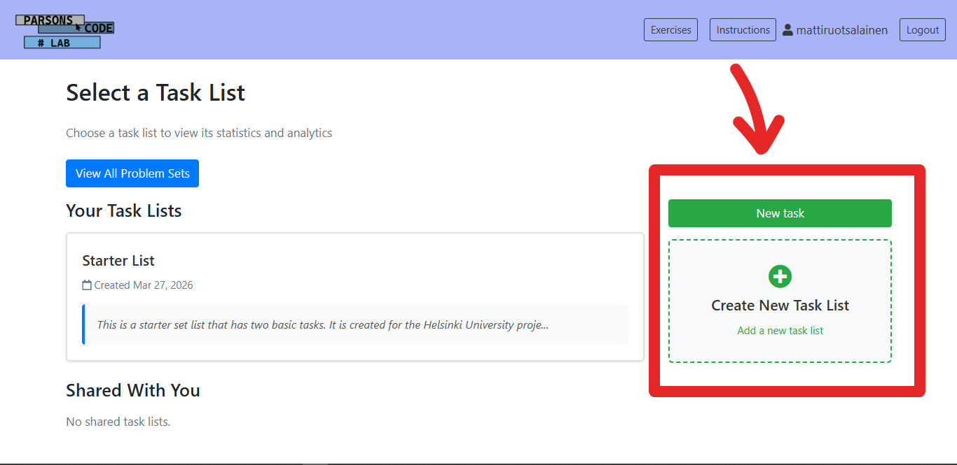 Create New Task List button
