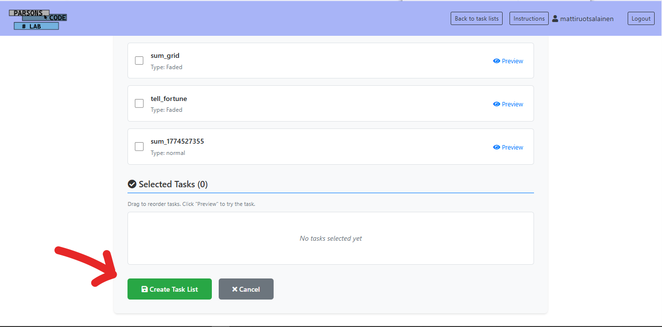 Create New Task List form part 3