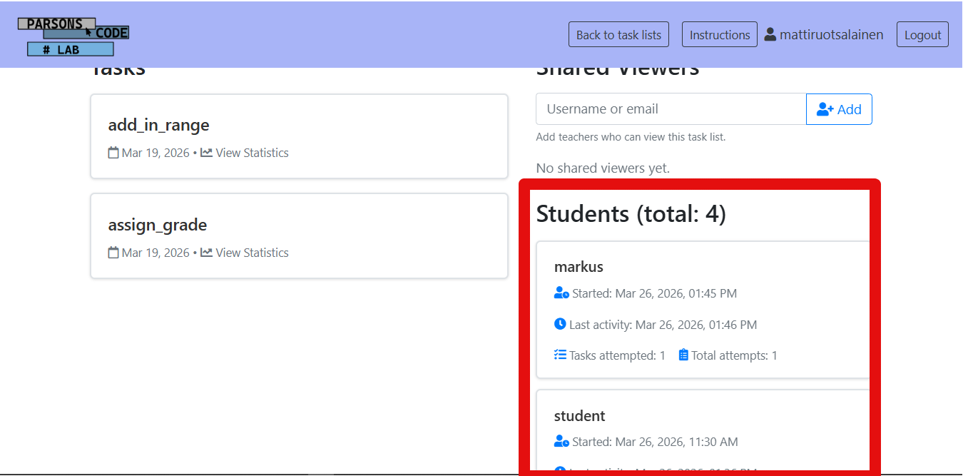 Student blocks on Task List Page