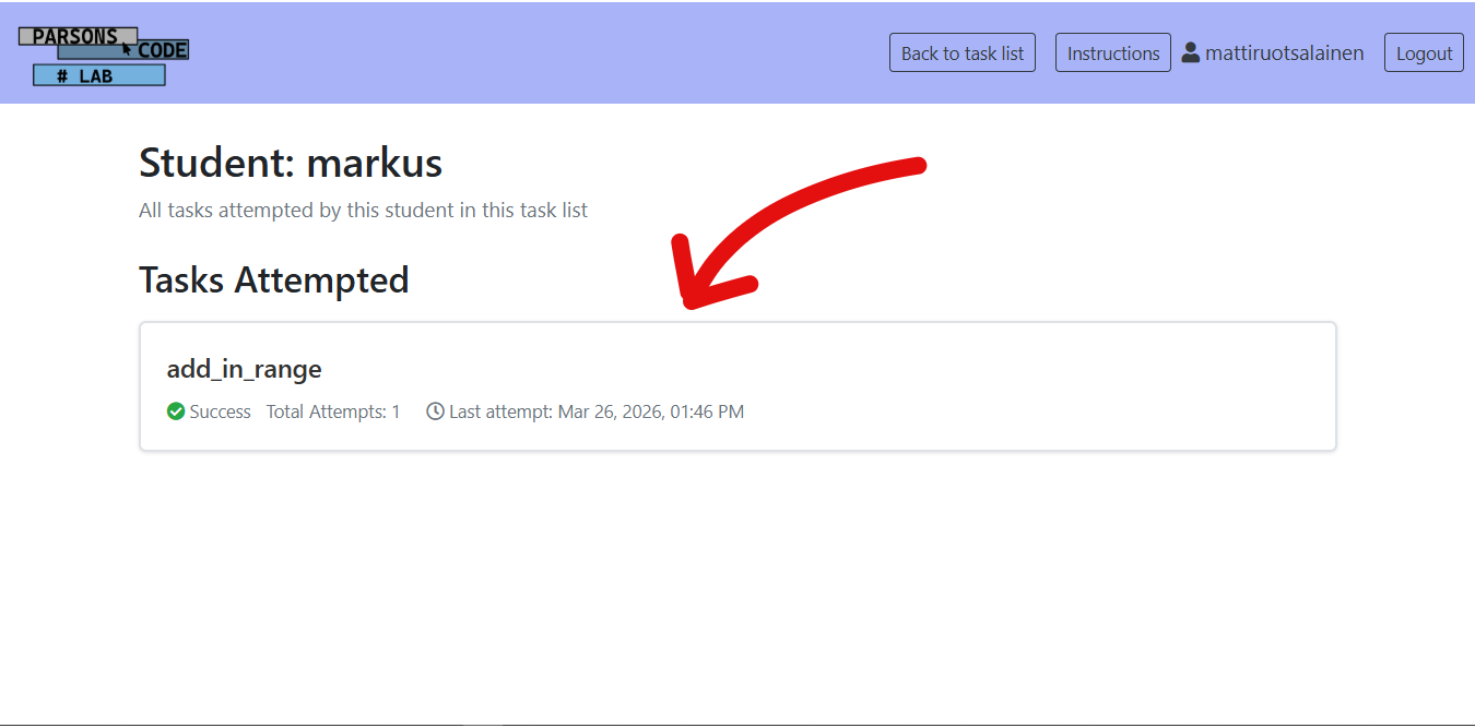 Student Statistics task attempts view