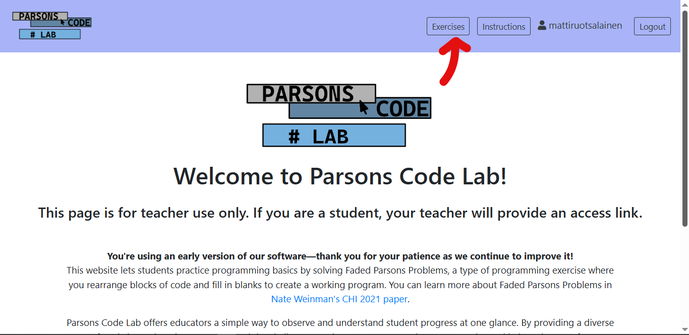 Exercises button on the navbar